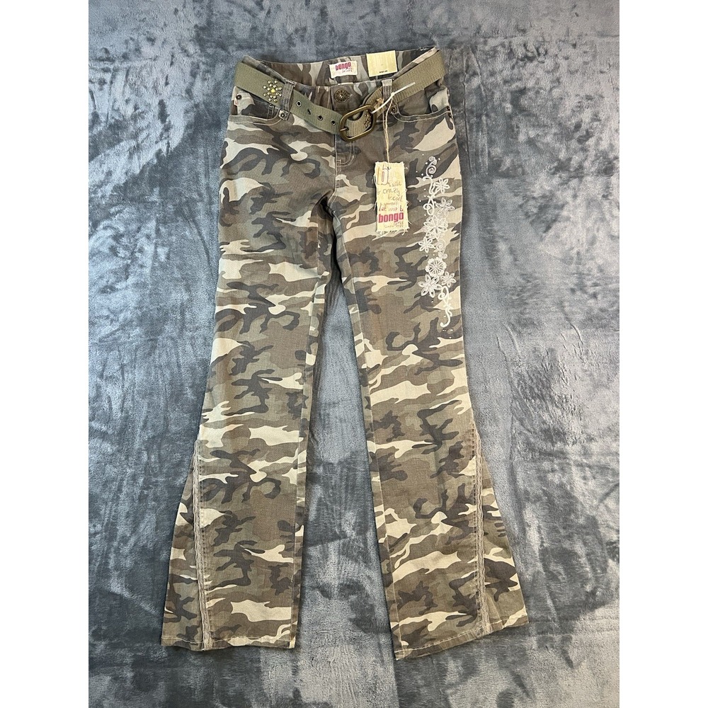 Vintage Y2K Bongo Girls Size 16 Camouflage Flare Pants With Belt Flowers
